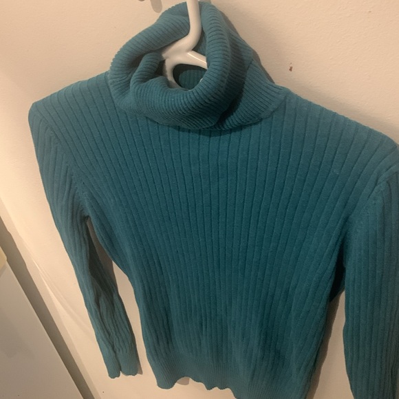 Gorgeous Pure Alfred Sung Turquoise 100% cotton turtleneck sweater SZ Large 😍 - Picture 2 of 5